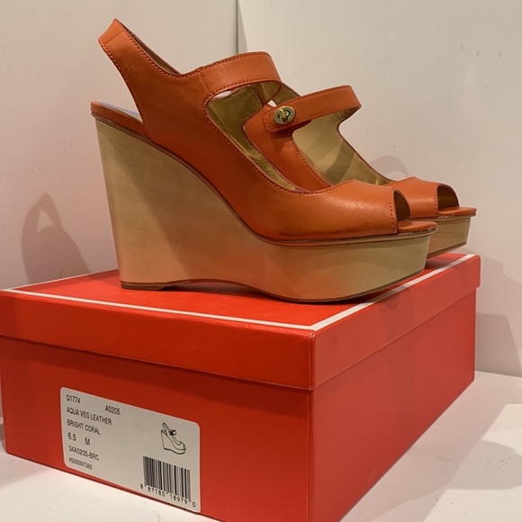 NWB - NEW Coach 🍊 Platform Sandal Wedge Aqua Veg Leather Shoe Tangerine Orange - Picture 12 of 15
